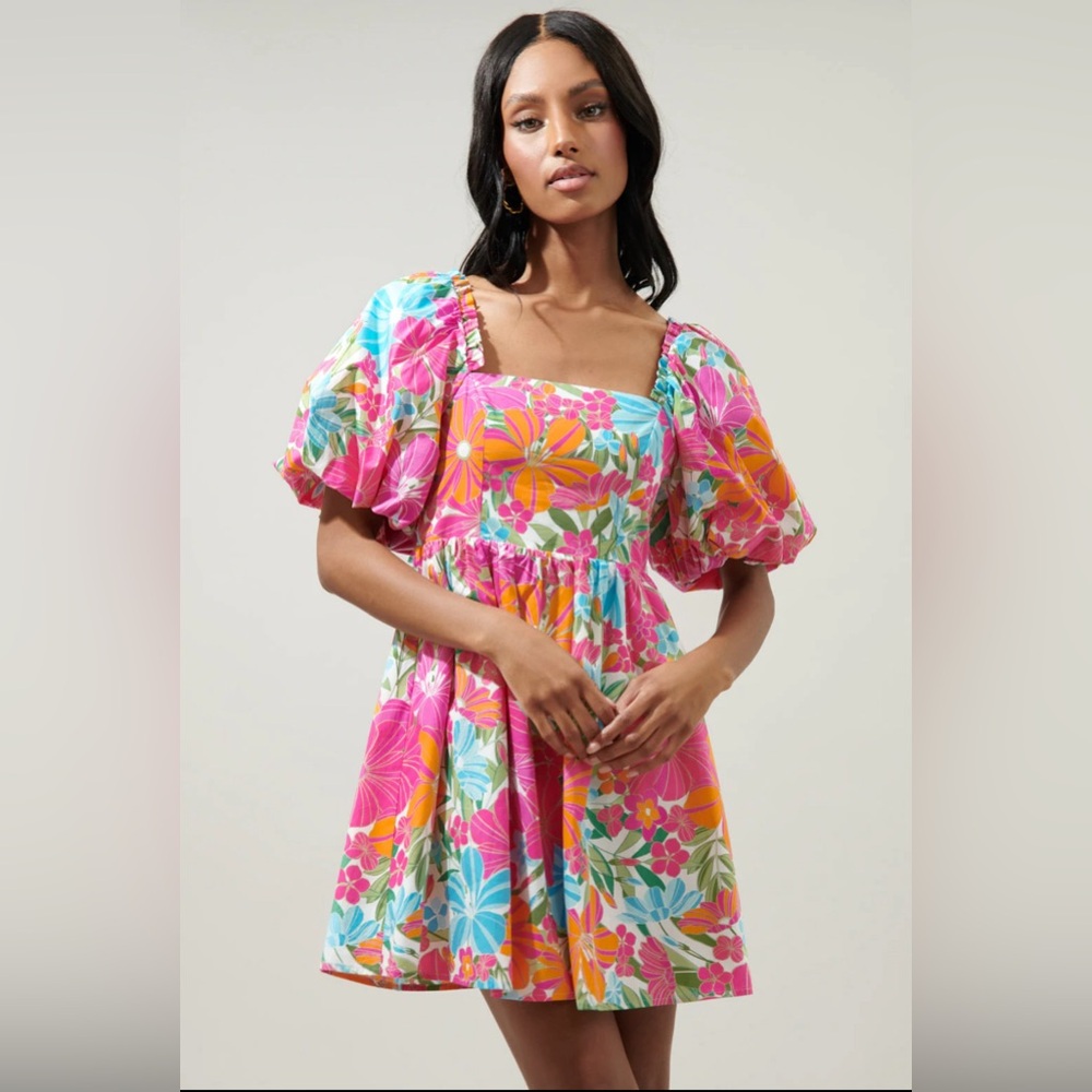 Sugarlips, Tropical Twist Marion Puff Sleeve Babydoll Mini Dress, Size Large